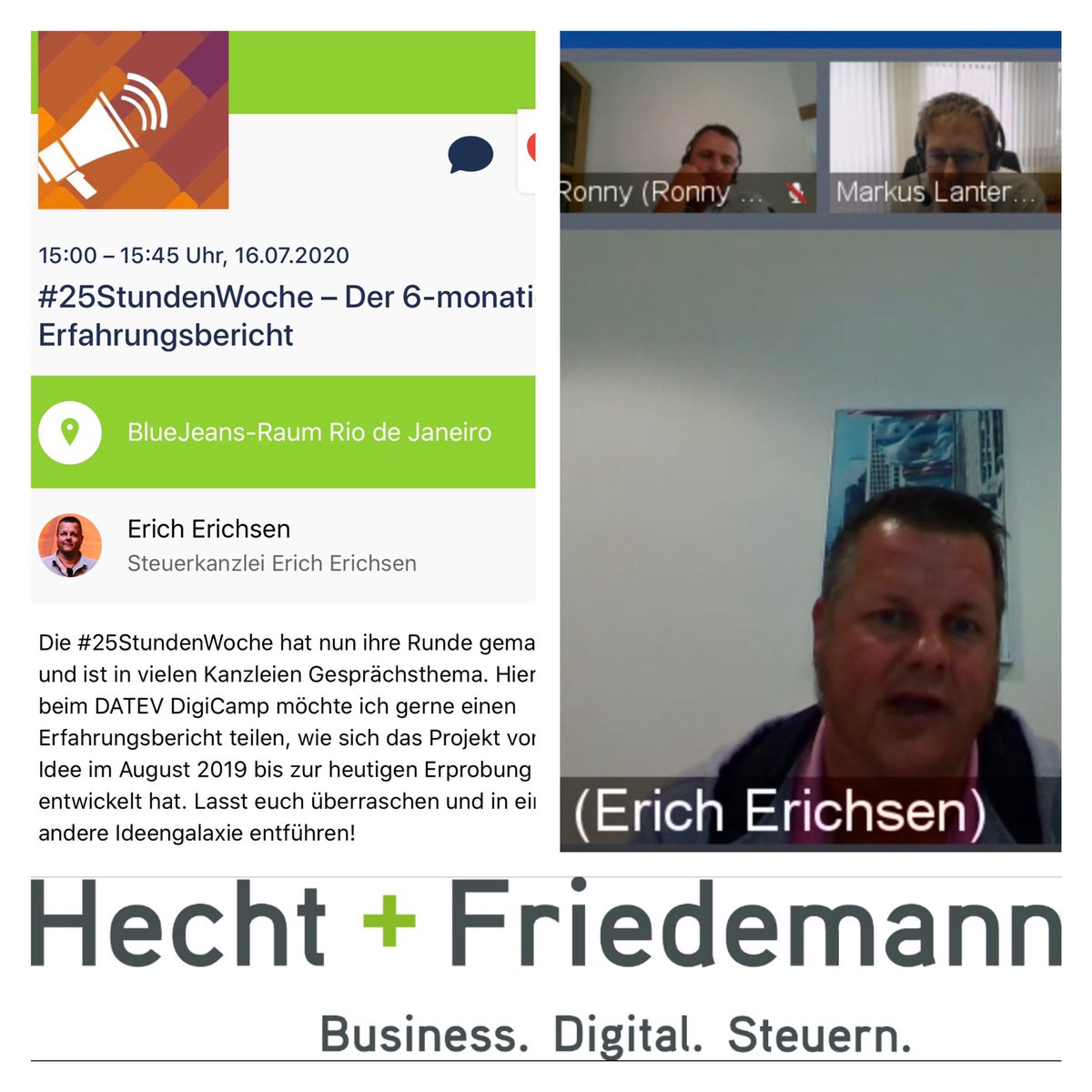 Das #DigiCamp 2020 der DATEV geht zu Ende. Wir durften viele interessante Sessions erleben. Vielen Dank an alle Moderatoren und Christian Kaiser. Gekrönt wurde das Ganze mit dem Erfahrungsbericht vom #digitalrockstar Erich Erichsen zur 25-Stunden Woche.
#datevlernt #DatevDigicamp