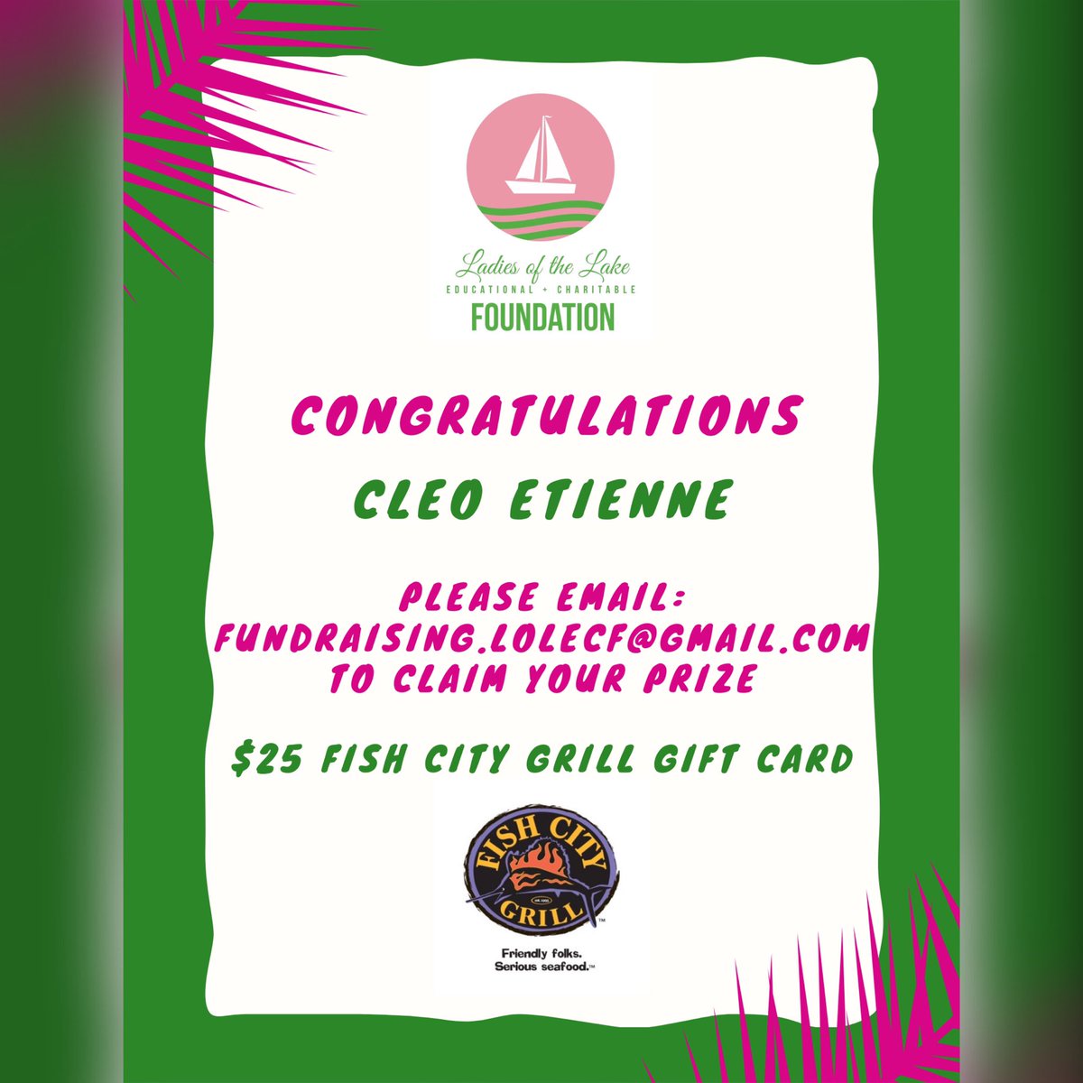 TauZetaOmegaAKA's tweet photo. Congratulations are in order for our third winner Cleo Etienne she won a $25.00 gift card to Fish City Grill.
#LOLECF #scholarships #raffle #summer #virtualraffle #smarttv #instantpot #airfryer #printer #FishCityGrill #raffleticket #scholarshipprogram #PayPal https://t.co/XOwsokY2dW
