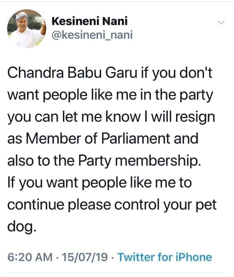 VPulivendula's tweet photo. @kesineni_nani  గారు ఇక్కడ అటాచ్ చేసిన ట్వీట్ మీరు పెట్టినట్టయితే..control pet dog అన్నారు.. అలాగైతే ఉంచుకున్న పెంచుకున్న కుక్క ఎవరు.. https://t.co/FjQCgNpn8l