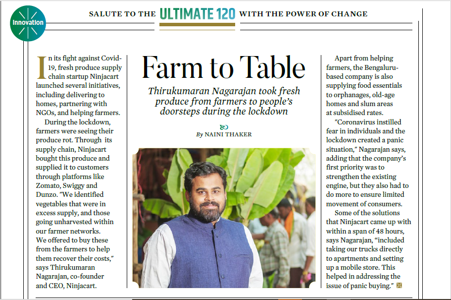 ninjacart's tweet photo. Proud to announce @ninjacart has been recognized by @forbes_india as one of the 31 companies disruptively innovating to create solutions to tackle the Covid-19 pandemic! Read about our innovations in bringing fresh produce from farms to people's doorsteps and to those in need. https://t.co/fBjPXJavxt
