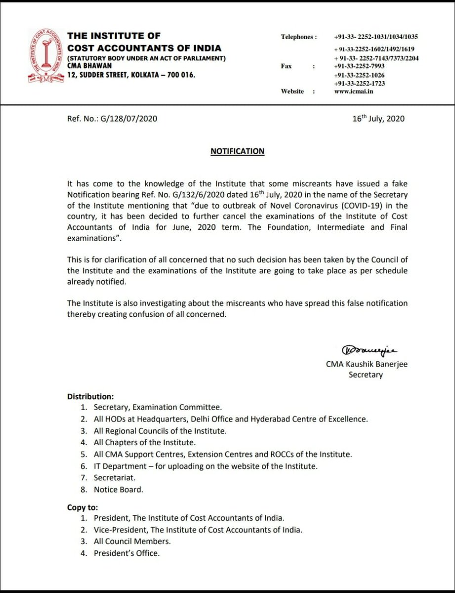 global_cma's tweet photo. Notification by institute on spread of false notification for June term exam cancellation https://t.co/I1LfRBnpAd