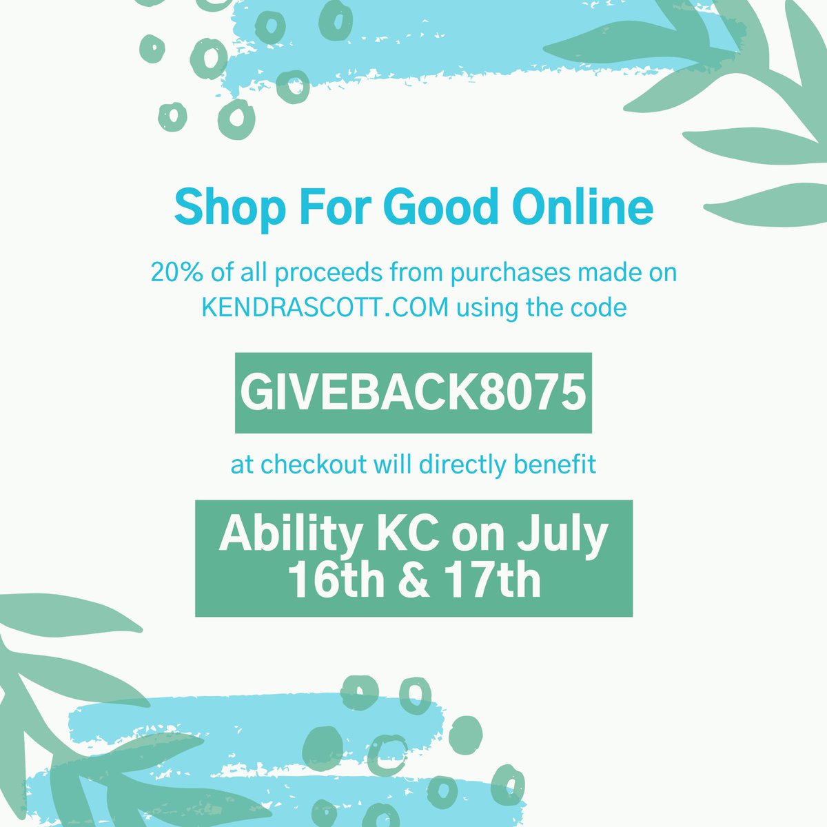 _AbilityKC's tweet photo. Today through tomorrow you can #GiveBack to Ability KC while shopping at @kendrascott online! Use the code GIVEBACK8075 at checkout to support the children and adults participating in services at Ability KC. #AbilityKC #KendraScott https://t.co/TVJpYbNWHv