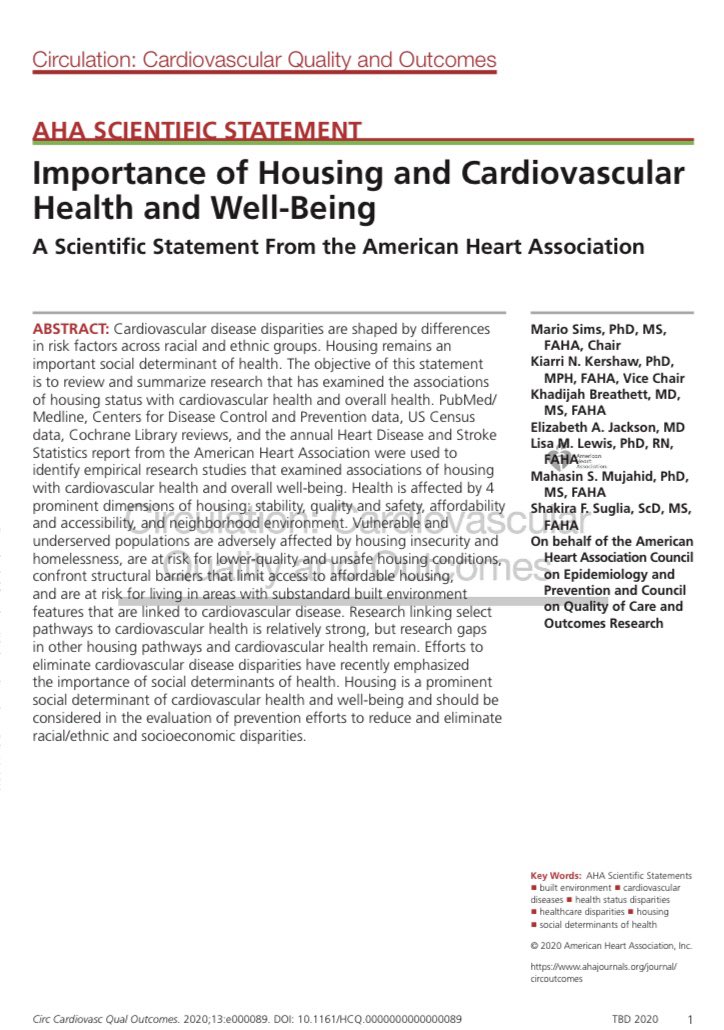 Important statement from the American Heart Association in <a href="/CircOutcomes/">Circ: CQO</a> 

Housing is a critically important determinant of cardiovascular health and well-being, and must be considered as part of efforts that aim to reduce disparities.

ahajournals.org/doi/abs/10.116…