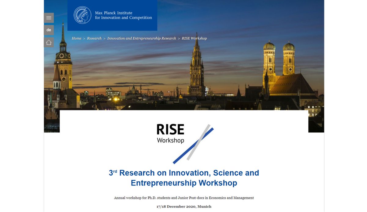 mpi_inno_comp's tweet image. Call for Papers – #RISE3workshop
From young researchers for young researchers!

#Research
#Innovation
#Science
#Entrepreneurship

Pls submit your paper until 30 August 2020.

ip.mpg.de/en/research/in…

 #EconTwitter