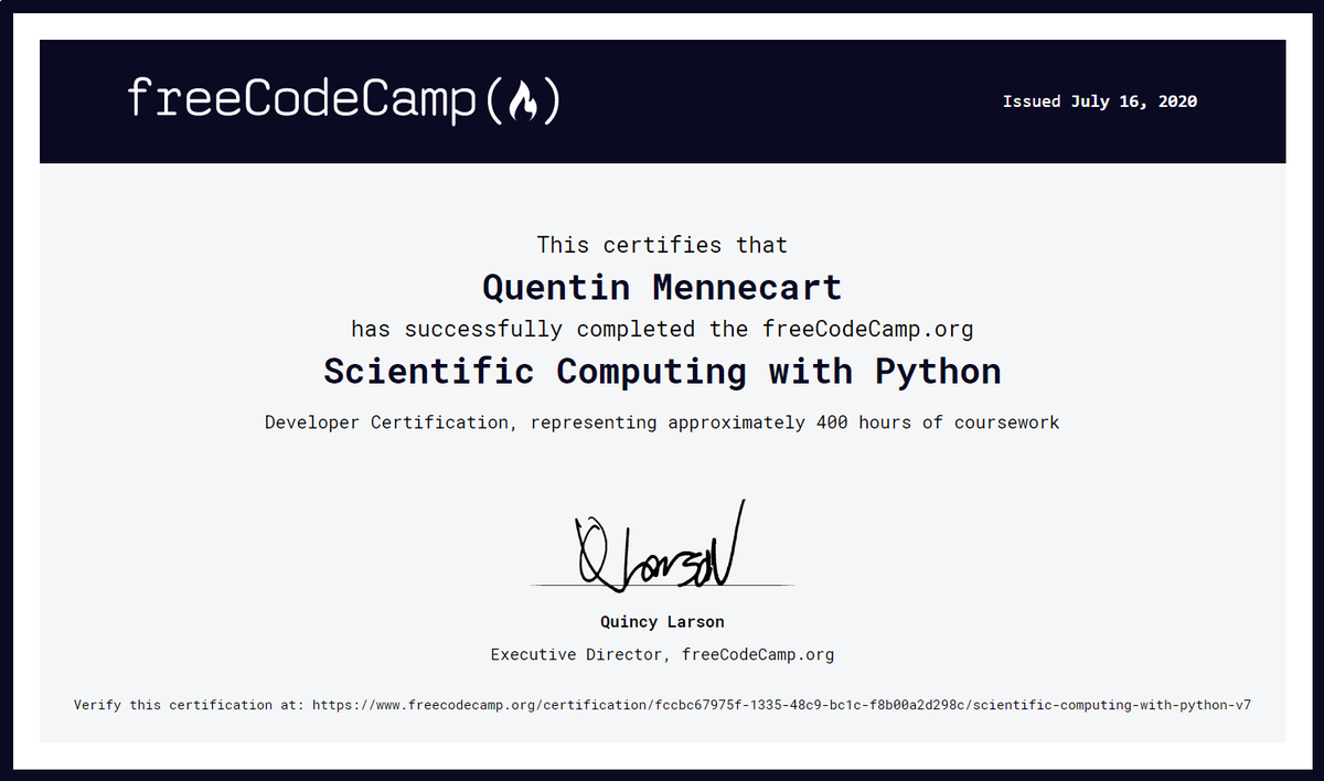 QuentinMenDev's tweet photo. Got my first Python certification from @freeCodeCamp new courses! As someone that never learned Python in-depth, I found the course very informative and the assignments super entertaining.

Will now start the next one about Data Analysis 🧮

#freeCodeCamp #Python #100DaysOfCode https://t.co/MHSHQ5JaZH