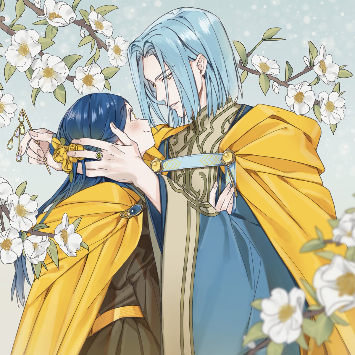 1girl blue hair 1boy flower yellow cape long hair cape  illustration images