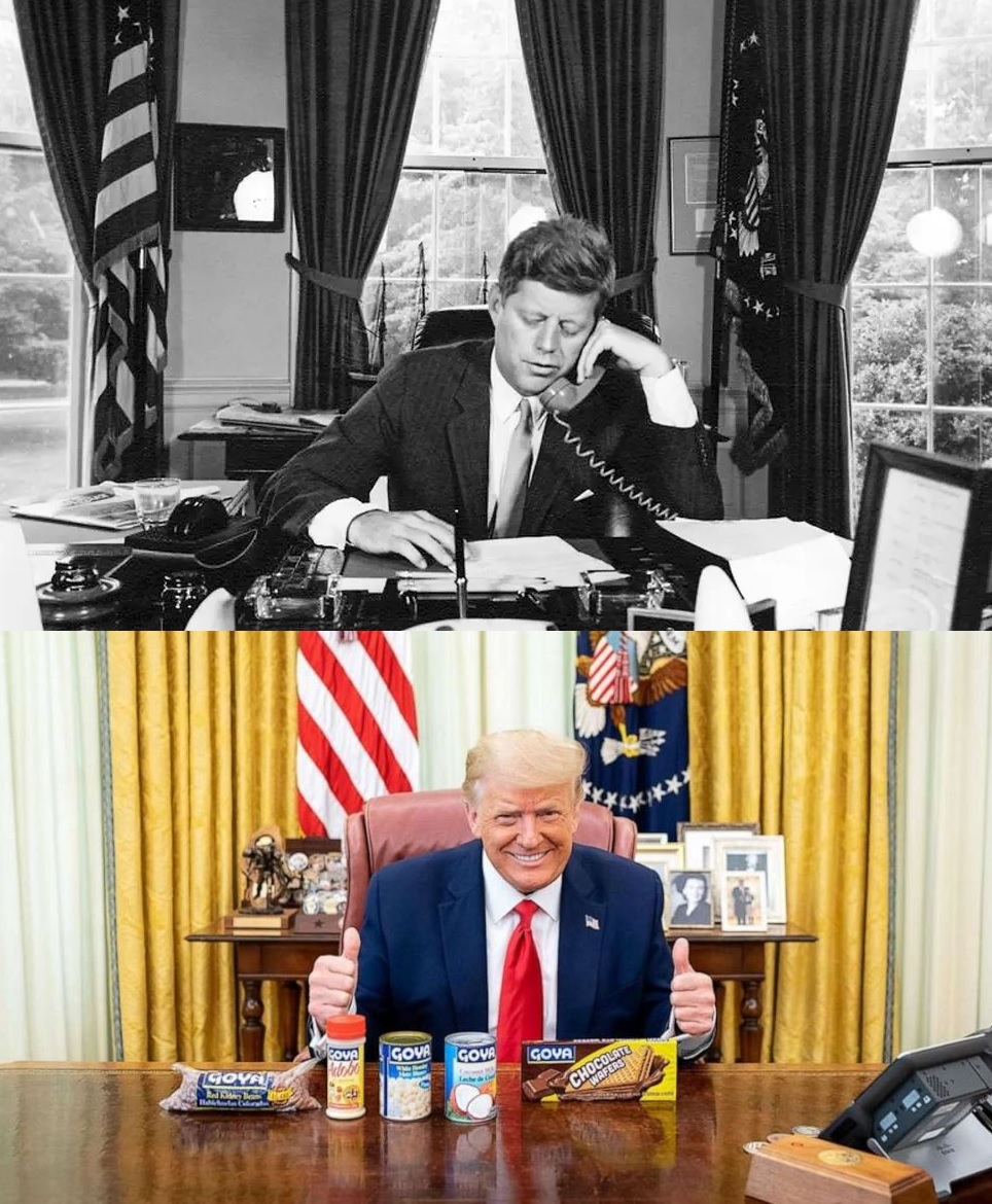 Kennedy at the Resolute Desk dealing with the Cuban Missile Crisis

vs.

Trump at the Resolute Desk dealing with the Goya Bean Crisis
#GoyaGate #Goya #GOYABOYCOTT