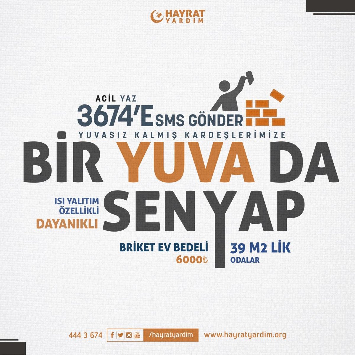 hayratyardim's tweet photo. Haydi Türkiye bir yuva da sen yap. Gönül Yuvaları projemiz ile yuvasız kalmış savaş mağduru on binlerce ailenin sığınabileceği yaşam alanları kuruyoruz. 

SMS bağış : ACİL>3674>10 TL
Online bağış : https://t.co/xvPupu8CSX

#HayratYardım https://t.co/5Obf4Ibiw0