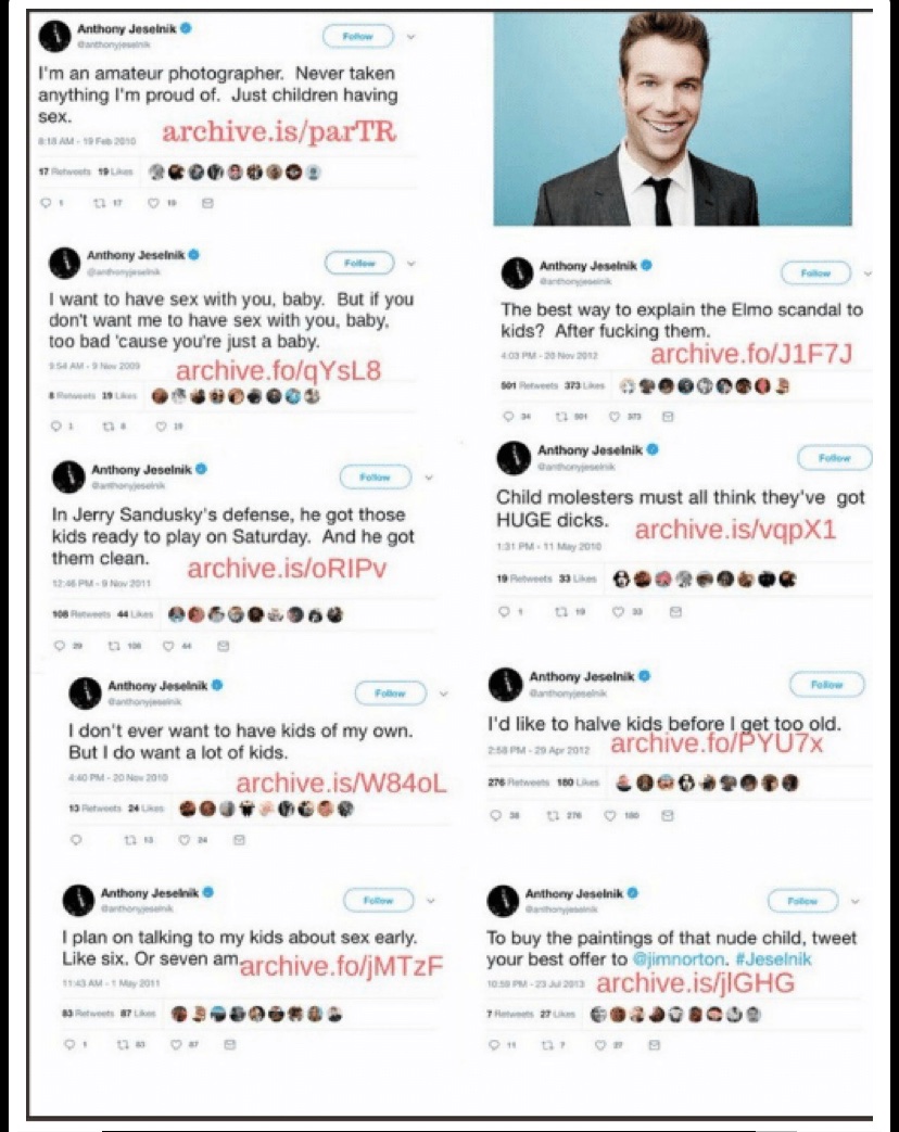 WilliamsAmeena's tweet photo. Sick fuck #pedohollywood  #pedowood #PedoGateNews @anthonyjeselnik #ripanthonyjeselnik #Adrenochrome #ChildSacrifice #Children #pizzagate #pizzagatelsreal #pedowoodisreal https://t.co/oQNjIRBsuz