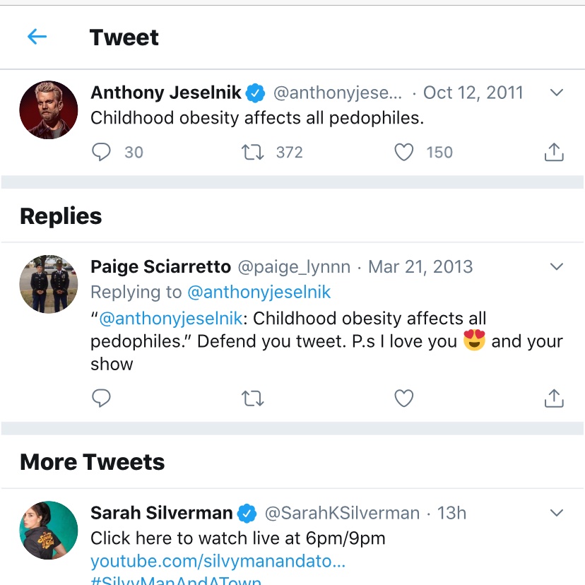WilliamsAmeena's tweet photo. Sick fuck #pedohollywood  #pedowood #PedoGateNews @anthonyjeselnik #ripanthonyjeselnik #Adrenochrome #ChildSacrifice #Children #pizzagate #pizzagatelsreal #pedowoodisreal https://t.co/oQNjIRBsuz