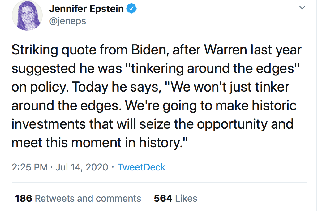 For example, as others have noted,  @JoeBiden nods to  @ewarren in promising not to "tinker around the edges" but seize this moment in history to create big structural change.3/n