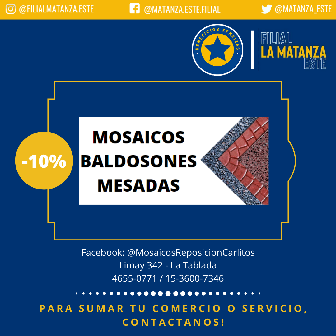 #BeneficiosXeneizes Bienvenidos MOSAICOS DE REPOSICIÓN CARLITOS! 
 
Presenta tu carnet de socio + DNI y disfruta de estos descuentos es nuestra zona!

Tu comercio también puede ser parte de Beneficios Xeneizes! Contactate

#BocaFiliales #MatanzaEste #Beneficios #Socios #CABJ