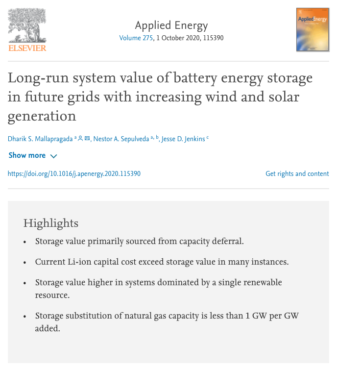 Our new study out in  @ElsevierEnergy's journal Applied Energy finds that the economic value of storage increases as variable renewable energy generation supplies an increasing share of electricity supply but that storage cost declines are needed to realize full potential.
