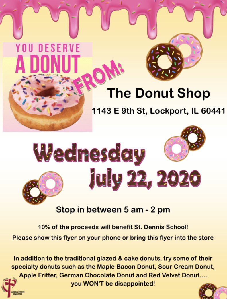 stdennisschool1's tweet photo. RESTAURANT DAY: Next Wednesday, July 22nd, is our first restaurant fundraiser of the year! Stop by the Donut Shop from 5AM-2PM and show them the flyer below- 10% of proceeds come back to St. Dennis School! This is a SWEET deal!
#stdennisRestaurantDay
https://t.co/YdNiAezEDO https://t.co/HIRokyAm0R