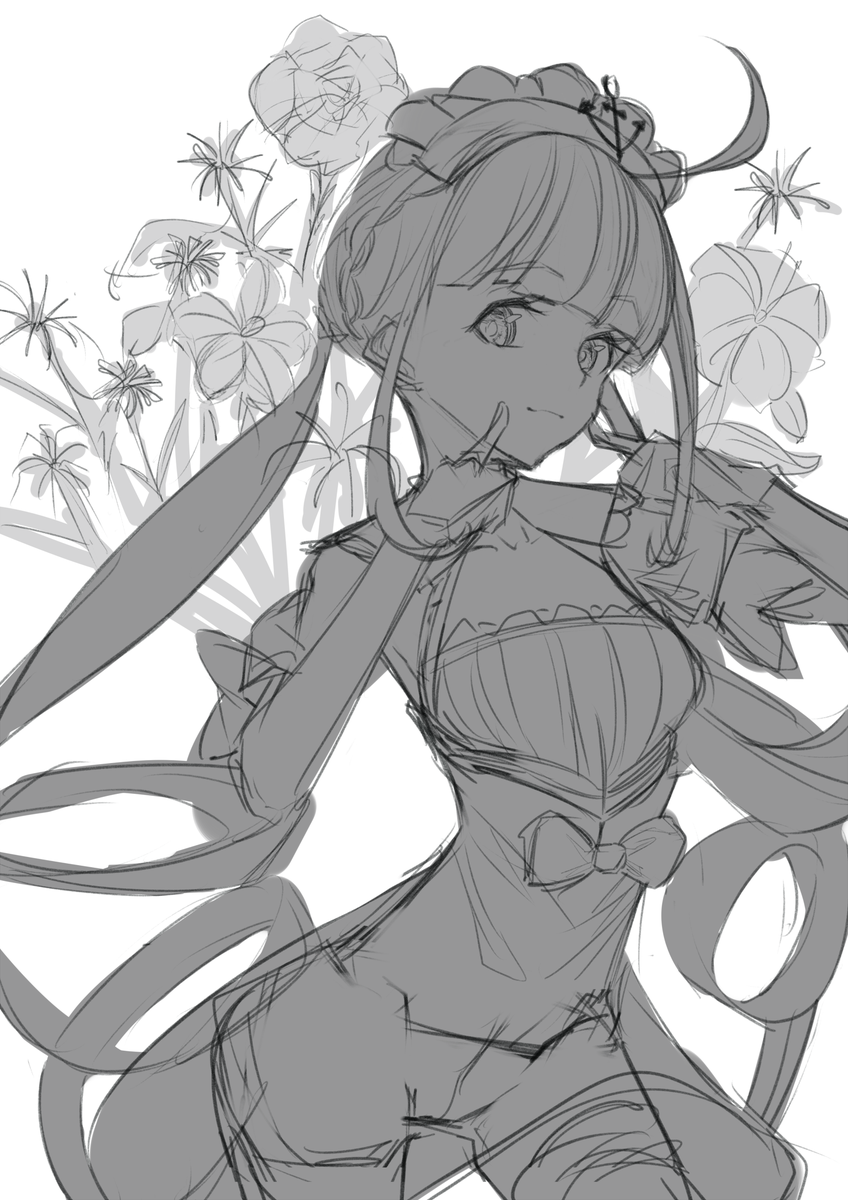 深く考えずに描きたい要素をぶち込んだラフ描いたー!
高めの頭身、あくあちゃん、花! 