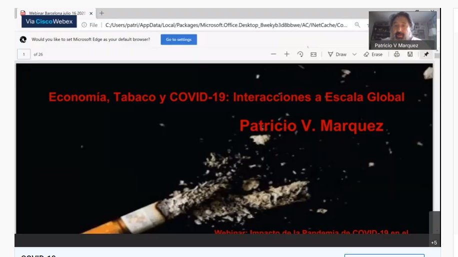 TobControlUnit's tweet photo. Webinario de @TobControlUnit "Impacto de la pandemia de COVID-19 en el control del tabaco a escala global" @ICOnoticies @idibell_cat, @pvmarquez1956 de @worldbank expone "Economía, tabaco y COVID-19: interacciones a escala global" #tabaCOVID Modera @stvfdz y @CrisMarMar https://t.co/buBchabSzu