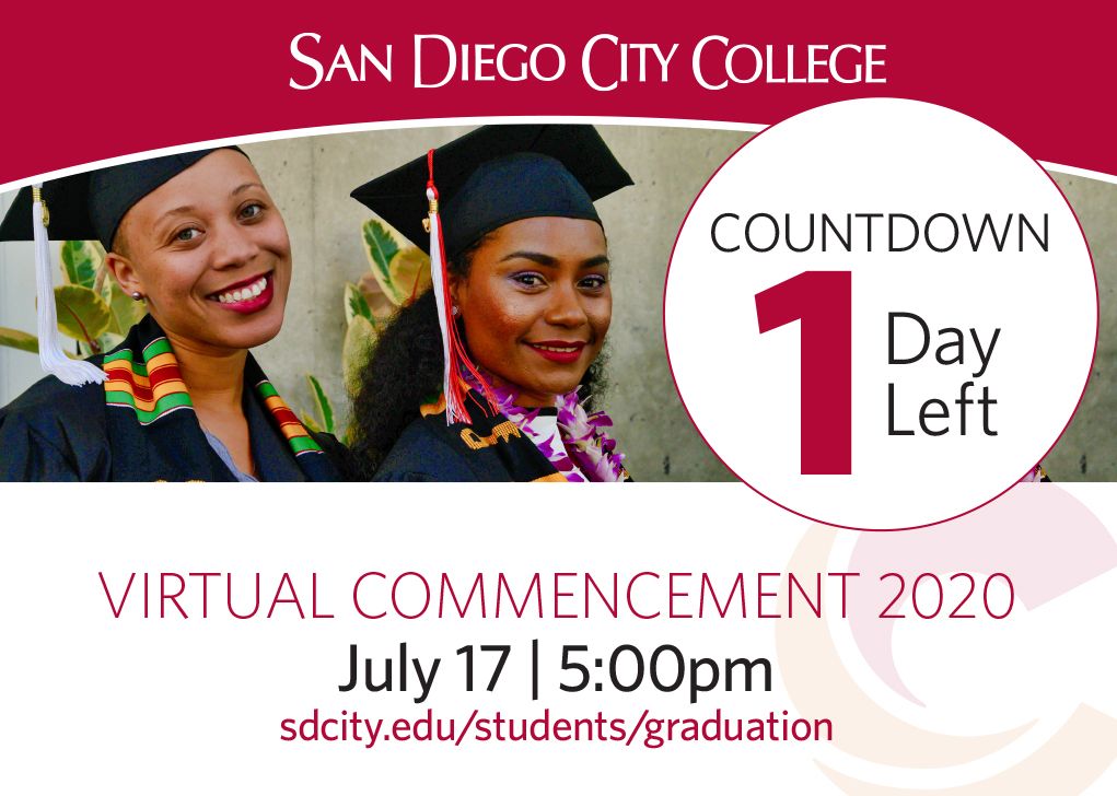 sdcitycollege's tweet photo. Only 1 day remaining before we get to celebrate our fantastic grads at the VIRTUAL COMMENCEMENT 2020!
Friday, July 17 | 5:00pm. Show us your decorated mortarboard using the hashtag: #citygrad2020. For more info: https://t.co/nRLb0hsqty
#CityGrad2020, #sdcitygrad, #iamcitycollege https://t.co/4WONAY6kFJ