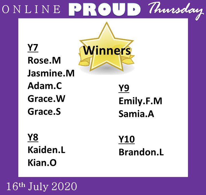 GrangefieldTLC's tweet photo. Our final PROUD winners for the 2019-2020 academic year. Well done everyone 💜👏🏻 @Grangefield #PROUD https://t.co/uR9aPkeFAr