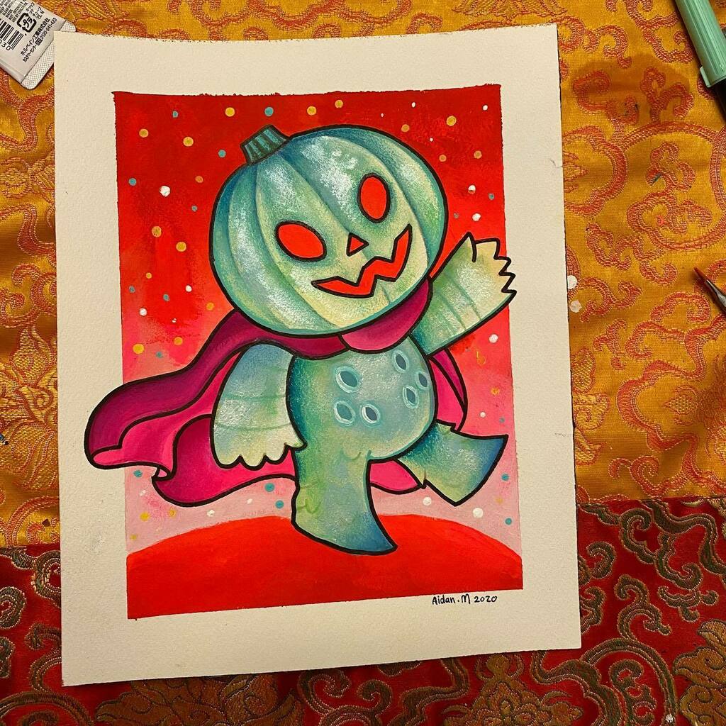 1975ish's tweet photo. LOVE this lil #pumpkinpire that @monahan_art made for me in a trade. Stoked to take a family portrait once it gets here. Thanks buddy! // @brianflynn @jjoshuajh @super7 #super7 #monahanart #painting #kawaii #sofubiart #gouachepainting https://t.co/fHJxkZYsYF https://t.co/01tEC6fzUc