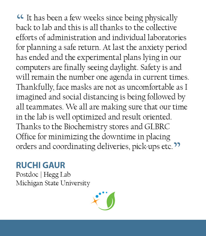 GLBioenergy's tweet photo. This week, we are featuring Ruchi Gaur, postdoc in Hegg Lab, and her story of how #ScienceGoesOn at #GLBRCRightNow.
“At last the anxiety period has ended and the experimental plans lying in our computers are finally seeing daylight." https://t.co/uv73oa8cJD