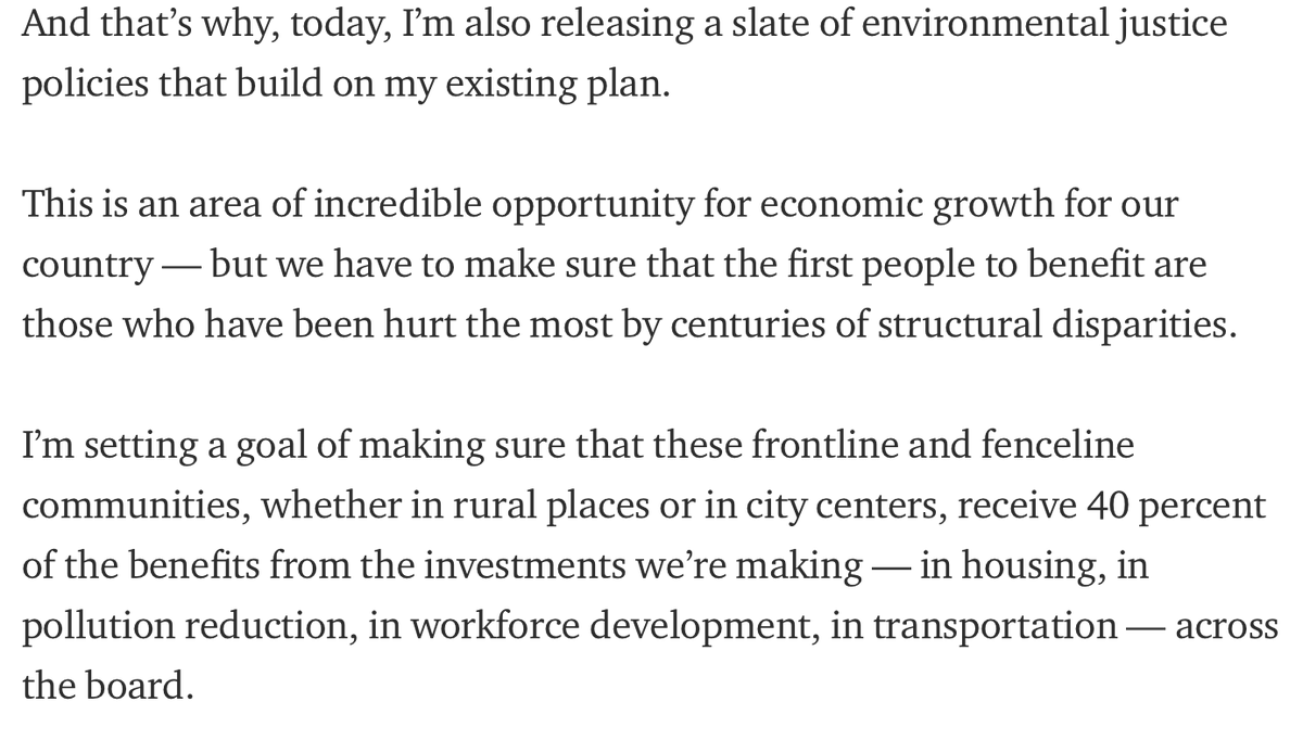 Biden also offers Black voters some  #climatejustice, by acknowledging how industrial development has damaged "Black, Brown, & Native American communities," and by promising these communities will "receive 40 percent of the benefits from the investments we’re making."12/n