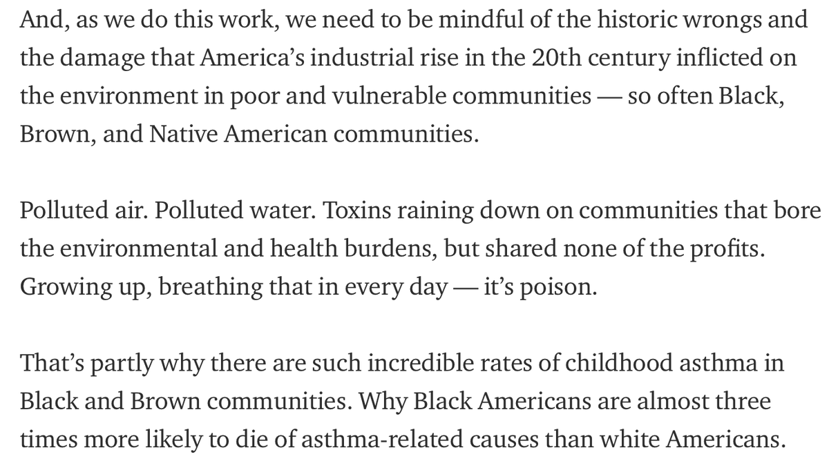 Biden also offers Black voters some  #climatejustice, by acknowledging how industrial development has damaged "Black, Brown, & Native American communities," and by promising these communities will "receive 40 percent of the benefits from the investments we’re making."12/n
