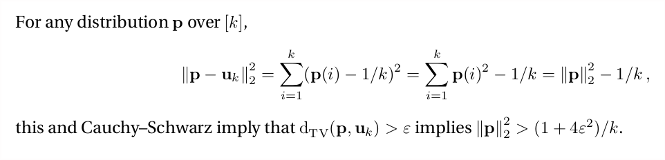 So, a key idea that is central to many of those is... to "forget" about TV distance and use ℓ₂ distance as proxy. If p is ε-far from uniform (in TV) it'll be ε/√k-far in ℓ₂ distance by Cauchy—Schwarz. And the advantage of ℓ₂ is that it has a very nice interpretation!7/n