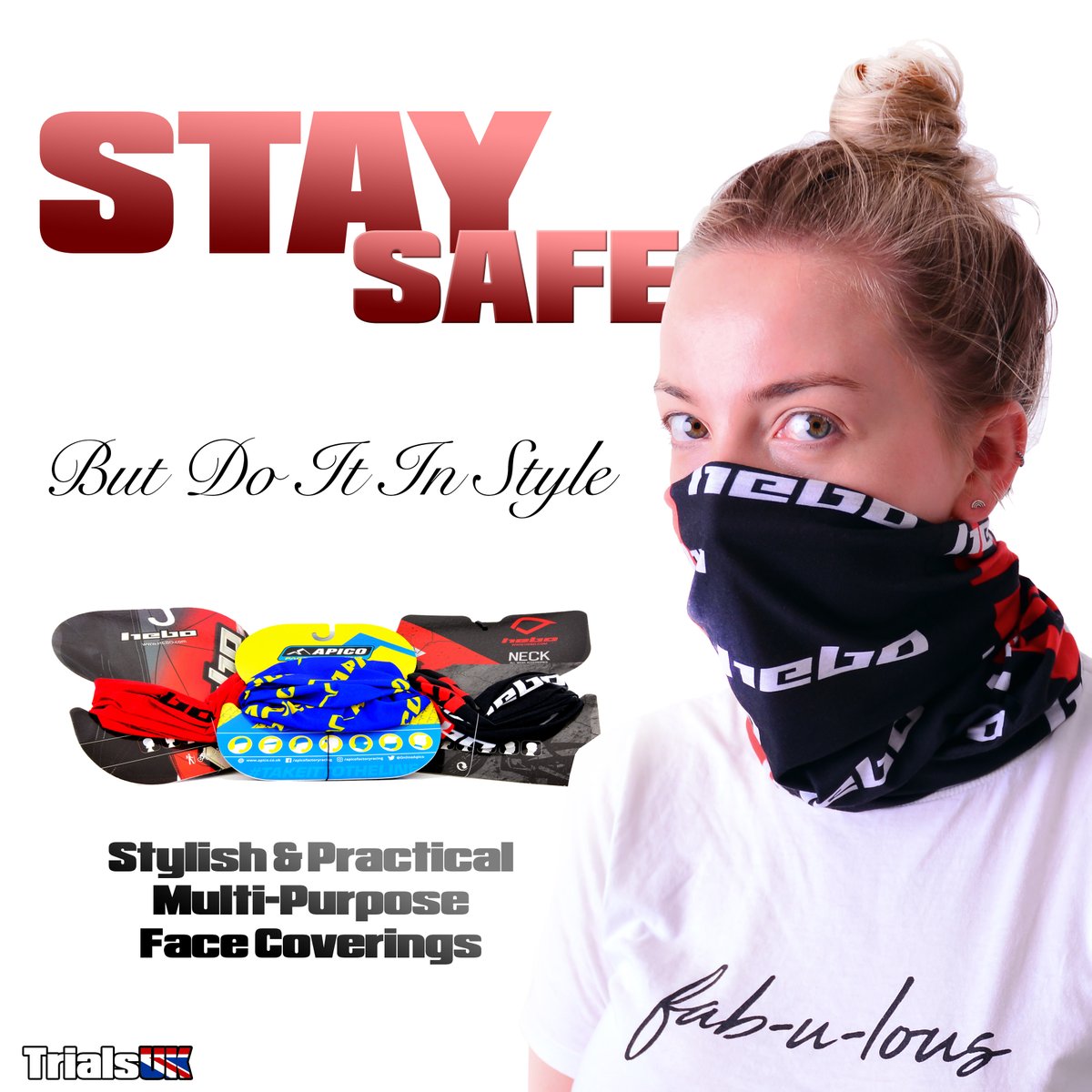 Face Covering in Style. Stay Safe with bike style PPE 
If we have to cover up in shops then we may as well look good while we do it.
All of these can be made into scarfs, hats, bandanas, nose-mouth covers. Extremely versatile. <a href="/HeboFactory/">Hebo</a> <a href="/OnlineApico/">Apico International</a>
trialsuk.co.uk/clothing/trial…