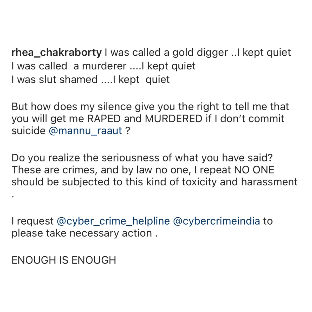 _MUSAFlR_'s tweet photo. What this mannu raaut wrote to her is totally not acceptable. I'm totally against this .
#RheaChakraborty 
#iSupportrheachakraborty https://t.co/Fs6fGxBVii