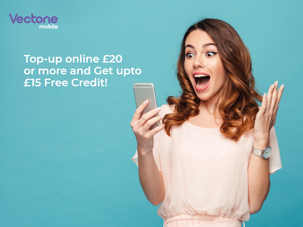 VectoneMobileUK's tweet photo. Out of balance? Not so fast… Top-up online using a credit/debit card, and get upto £15 free credit. Amazing, right? Top-up now! https://t.co/9zaJhy66Tm https://t.co/BsXAHZ6bms