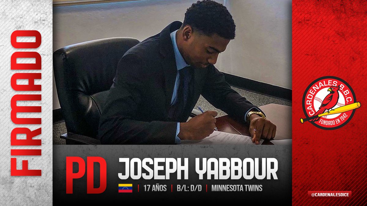 📝🆑 Joseph Yabbour (PD), prospecto de los <a href="/Twins/">Minnesota Twins</a>, firmó con <a href="/CardenalesDice/">Cardenales de Lara</a>. Tiene 17 años y su recta ya ha marcado 95 millas, según reportes. Es primo de los Acuña y Escobar.

#EsteEsMiEquipo ❤️ | #Cardenales
