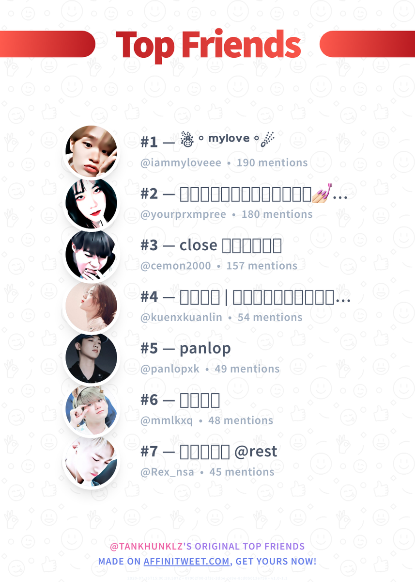#Affinitweet Top Friends
🥇 iammyloveee
🥈 yourprxmpree
🥉 cemon2000
🏅 kuenxkuanlin
🏅 panlopxk
🏅 mmlkxq
🏅 Rex_nsa
via affinitweet.com/top-friends