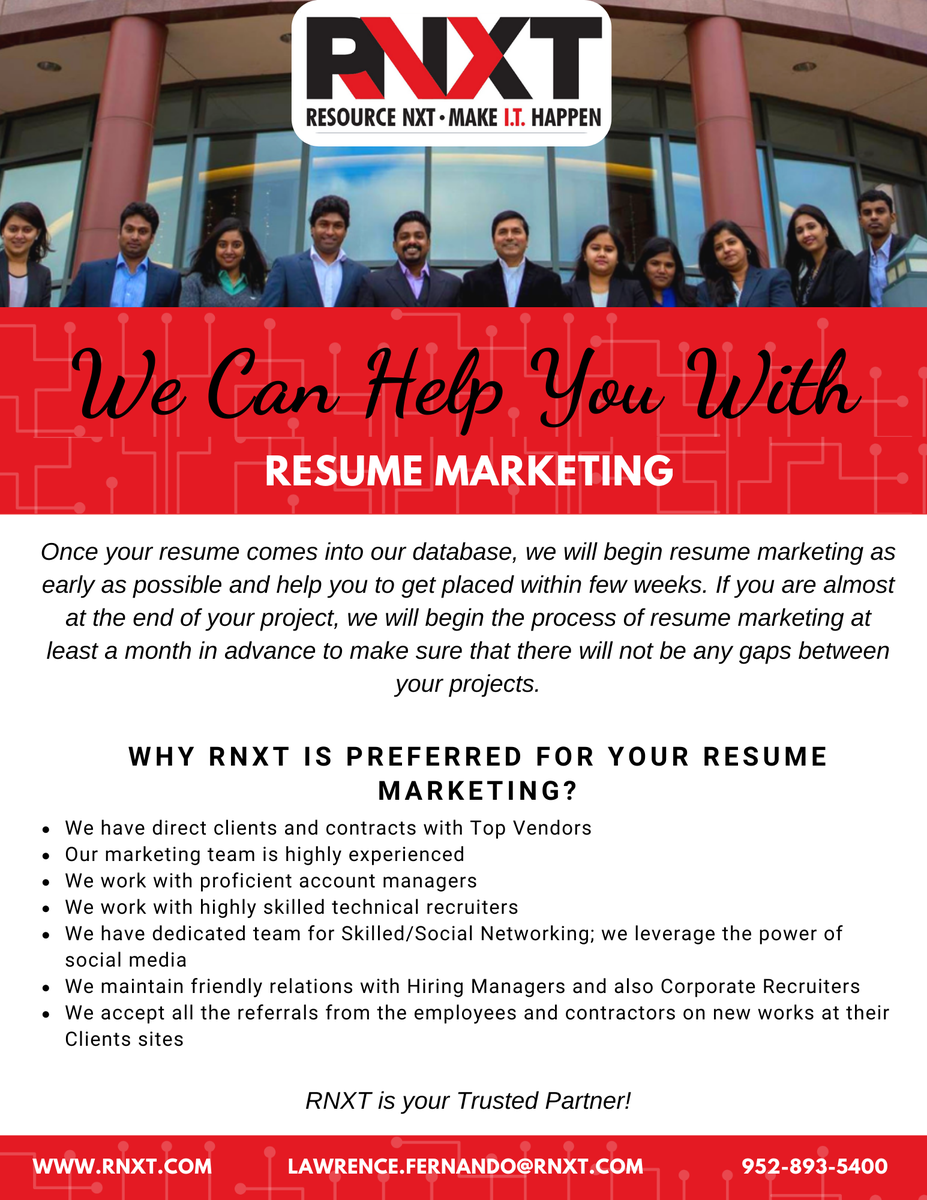 ResourceNXT's tweet image. Want to work in a reputable IT organization? Then you have come to the right place. Placing the candidates across various fields based on their expertise is our main goal and at the same time providing excellent employee benefits. 😱

For details, go here:
rnxt.com/Resume_marketi…