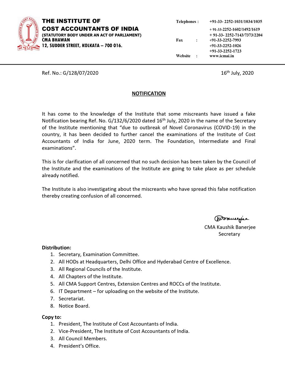 ICMAIPune's tweet photo. This is for clarification of all concerned that no such decision has been taken by the Council of the Institute and the examinations of the Institute are going to take place as per schedule already notified. ✍️
The Institute of Cost Accountants of India 
@ICAICMA https://t.co/h9rEhgWGrf
