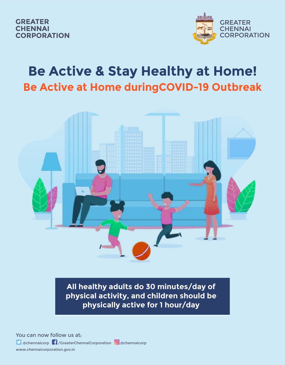 chennaicorp's tweet photo. Dear Chennaites,

Tips to be active at home during COVID-19 outbreak.

#Covid19Chennai
#GCC #Chennai
#ChennaiCorporation https://t.co/A0GfKnaVRB