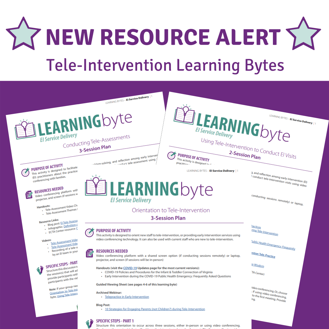 veipd's tweet photo. NEW Resource Alert. Featuring three new Learning Bytes: Orientation to Tele-Intervention, Using Tele-Intervention to Conduct EI Visits, and Conducting Tele-Assessments.
Visit https://t.co/B771Pmri3h for more information.
#EarlyIntervention #TeleIntervention #Telehealth https://t.co/Q1R3yEtNLT