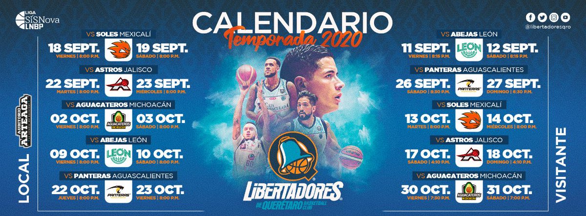LibertadoresOfi's tweet photo. 🏀 📆 Nuestro calendario completo para la Temporada 2020 de la @LNBPoficial.

#SomosLibertadores #RuidoQuerétaro
@omarquintero_11
@jhonyville
@miguelramcam0
@irwinavalos91
@HEB_mexico
@PlazaCamelinasH
@ElectrobikeQ 
@PinturasComex
@LaPopular1907
@FuerzaMexa https://t.co/6vrF6gcSEY