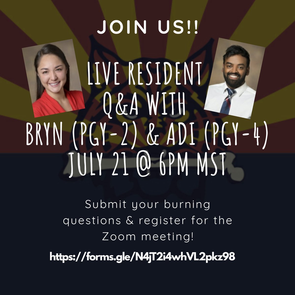 Join us for a live resident Q&amp;A with Bryn(PGY-2) &amp; Adi (PGY-4) on July 21st at 6pm MST!!
*
Submit your questions (forms.gle/N4jT2i4whVL2pk…) &amp; sign up for the Zoom meeting...about AZ Ortho residency, life as a resident, living in Tucson, you name it!
#orthotwitter #orthoresident