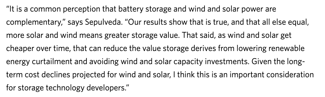 However, if wind and solar penetration is accompanied by declining wind and solar cost (as we'd expect), the implications for storage value are more ambiguous and in some cases, cheaper renewables mean *less* value for batteries, as the quote below from  @nsepulvedam explains