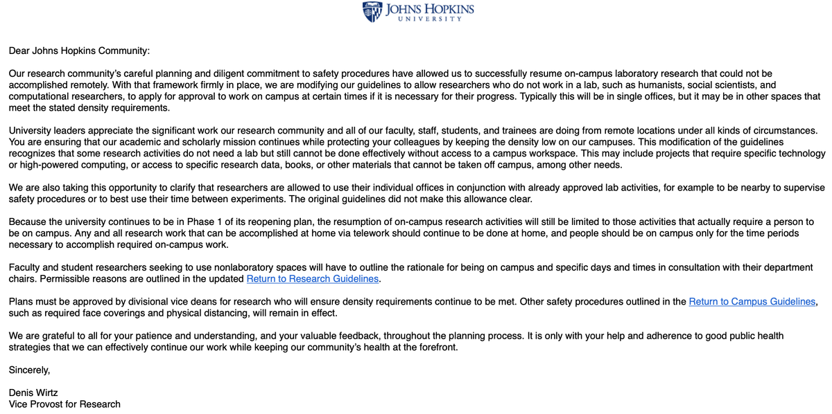 deniswirtz's tweet photo. My message to the @JohnsHopkins community about non-lab researchers.  

I know some of you - social scientists, humanists, computational/policy researchers - have been eager to make full use of your offices. 

Here is the way this can happen: https://t.co/8hizKpIT9c