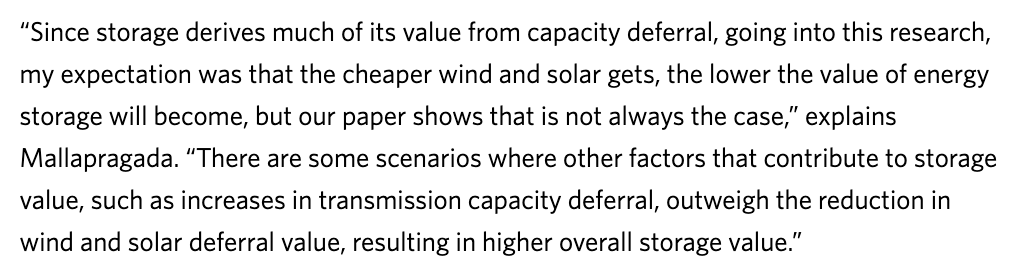 Since batteries derive much of their value from reducing wind/solar capacity needed to meet a given RE share, cheaper wind and solar could negatively impact storage value, which could create pressure to reduce storage costs in order to remain cost-effective, as  @dhariksm notes 