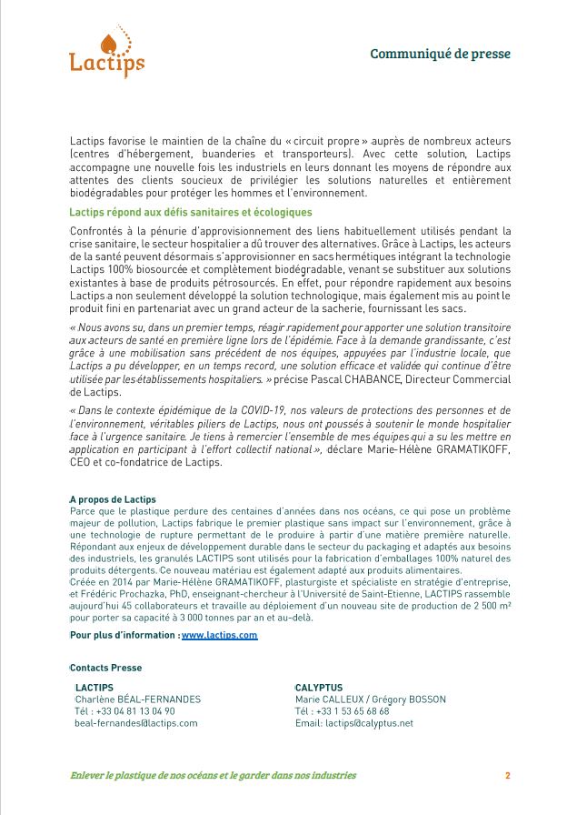 Validée par les hôpitaux, le matériau Lactips répond aux défis sanitaires et écologiques en réduisant l'utilisation du linge à usage unique grâce aux sacs préventifs de blanchisserie avec ouverture solube. 100% naturel, soluble sans résidus collants et biodégradable dans l'eau