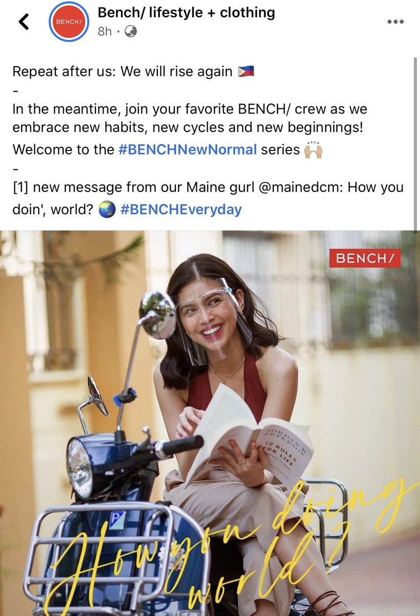 Latest Facebook post of <a href="/benchtm/">BENCH/</a> ♥️
#MaineMendoza 

Don't forget to like and leave a comment for Maine: facebook.com/benchtmofficia…