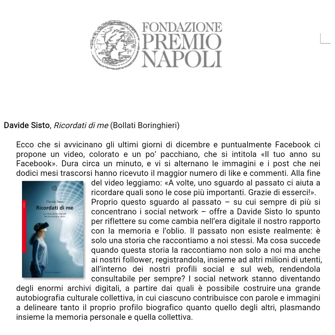 sisto_davide's tweet photo. Veramente contento che "Ricordati di me" sia in finale al @PremioNapoli. Non vedo l'ora di portarlo alla giuria dei lettori @BBEditore #ricordatidime #memoriadigitale #digitale #nuovolibro #ricordi #nostalgia #digitaldeath #mortedigitale #retromania #immortalità #oblio https://t.co/wUrfXpwx5H