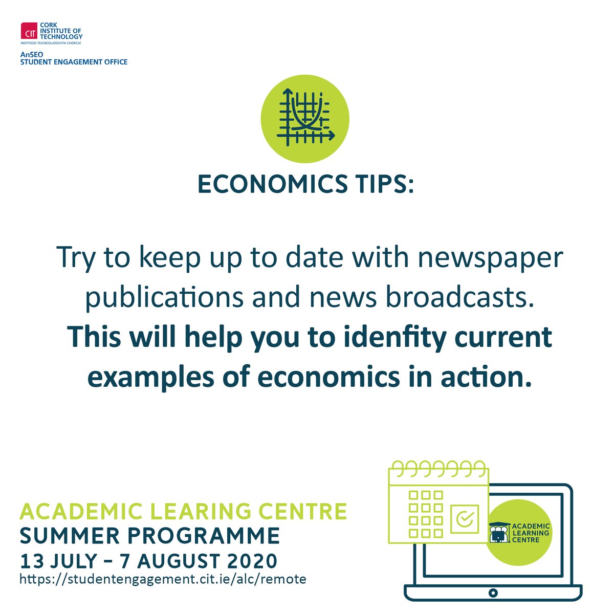 MTU_ie's tweet photo. Working towards an Economics assessment next month? Would you like to chance to ask someone in the know? Dr. Brenda Lynch will be online twice a week to answer your questions. Book by emailing academiclearning@cit.ie #ALCSummerProgramme #AnSEO https://t.co/QwUN8tUFAf