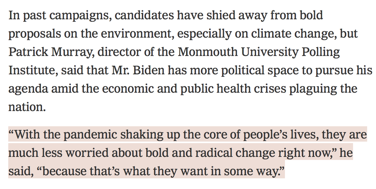 As  @katieglueck  @LFFriedman point out in their piece on Biden's speech, some argue that Americans are not worried about radical change right now because due to the effects of the pandemic they actually *want* their lives to change radically.  https://www.nytimes.com/2020/07/15/climate/trump-biden-environment.html?smid=tw-share21/n