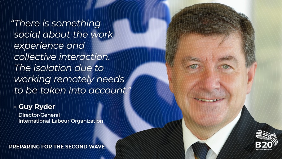 b20's tweet photo. While we rush to facilitate #remotework, @ILO Director-General @GuyRyder reminds businesses they cannot forget about those who are often working in isolation and the impact it may have on mental health and productivity. #B20Virtual https://t.co/Uo4RE63cu3