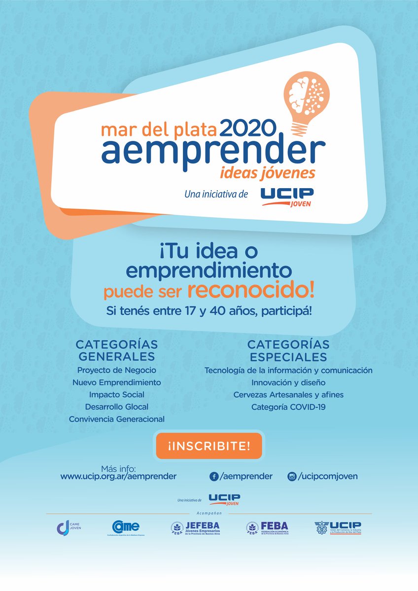 RevistaCentral1's tweet photo. el certamen "Aemprender" organizado por @comjovenucip cumple 10, y ya está abierta su inscripción en: https://t.co/Uu5epi4X9r.
Recomendado !!
#QuedateEnCasa
@MartinSalaMdp @ucipmdp @SSM_mgp @telefemdp @Canal10MDP @telediario10 @danielalvarez99 @danieltemperoni @SilviaGarat https://t.co/Ry5SMaxfre