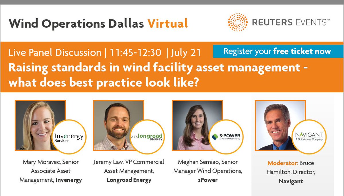 RE_Windpower's tweet photo. Next Tuesday July 21 at 11:45-12:30, experts with from @spower_us @InvenergyLLC @Longroadenergy & @navigant will discuss Raising Standards in #Wind Facility #AssetManagement - What Does Best Practice Look Like? Register your free ticket today >> https://t.co/1euPeWXilN #omdallas https://t.co/pjp7pIhXS4