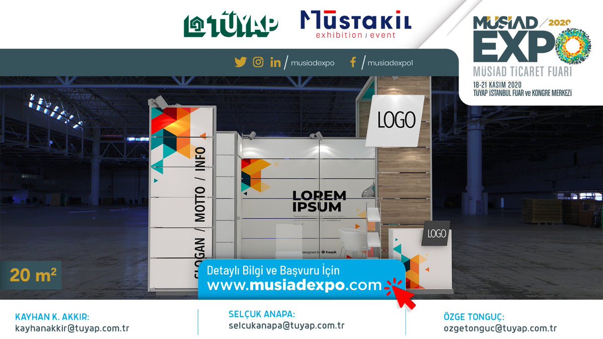 MUSIADEXPO's tweet photo. 20 m², 40 m² ve 100 m² stand seçenekleri ile firmanıza en uygun standlar MÜSİAD EXPO’da. 

Detaylı bilgi ve katılım için; https://t.co/xdKUnNbXuU

🗓18-21 Kasım 2020
📍 TÜYAP İstanbul Fuar ve Kongre Merkezi https://t.co/ckOms3xNlQ